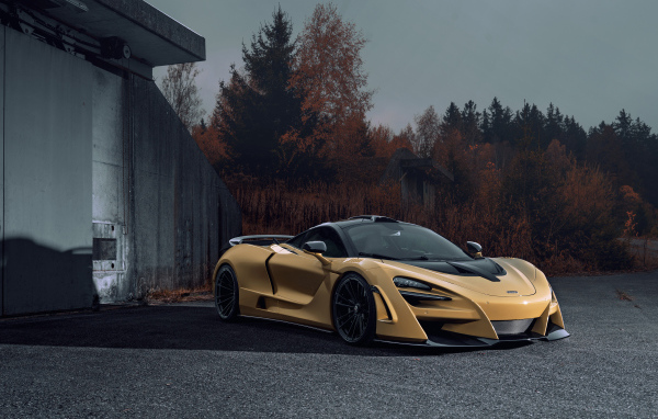 Дорогой автомобиль McLaren 720S у железных ворот