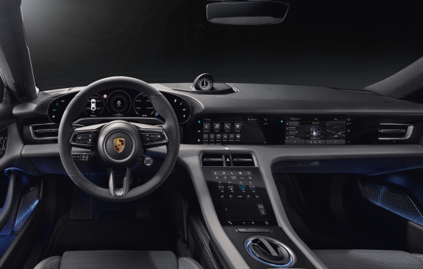 Black leather interior of the 2019 Porsche Taycan Turbo