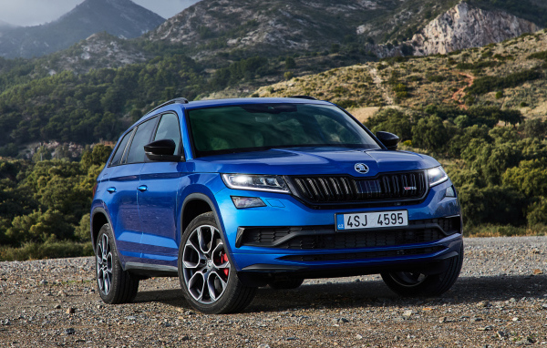 Синий автомобиль Skoda Kodiaq RS 2019 года в горах 