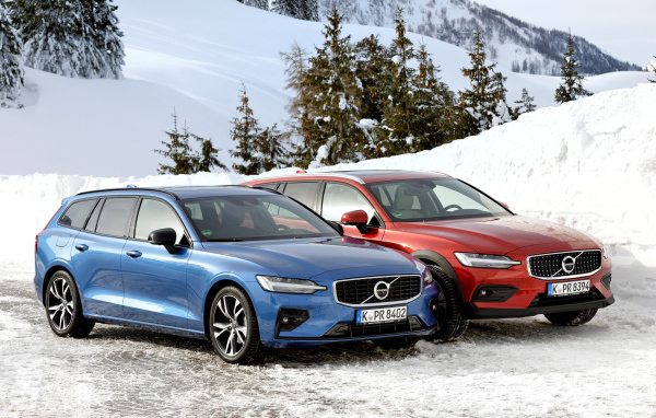 Два автомобиля Volvo V60 на фоне заснеженного леса