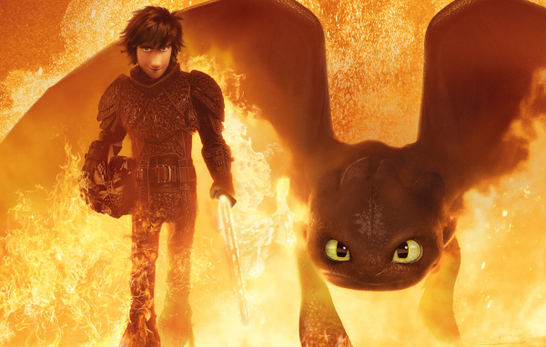 Персонажи мультфильма Как приручить дракона 3. Скрытый мир, выходят из огня