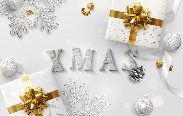 Два подарка и снежинки на Рождество 