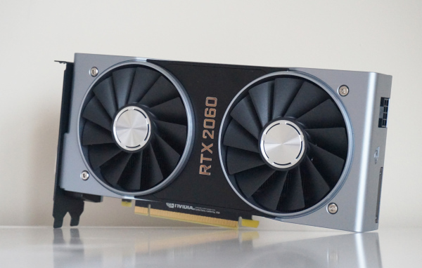 Новая видеокарта Nvidia GeForce RTX 2060 на сером фоне, CES 2019