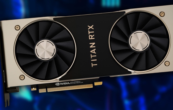 Новая видеокарта Nvidia Titan RTX на синем фоне крупным планом