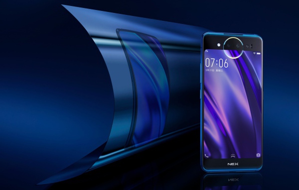 Новый красивый тонкий смартфон Vivo NEX Dual Display Edition на синем фоне
