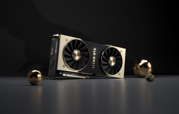 Мощная видеокарта Nvidia Titan RTX на сером фоне