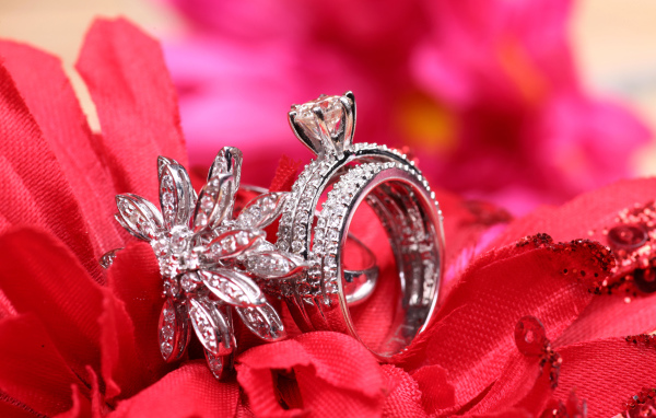 Два кольца с камнями лежат на цветке 