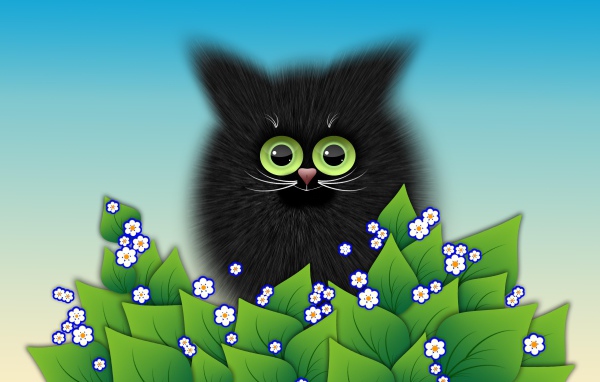 Черный котенок с зелеными листьями векторный рисунок