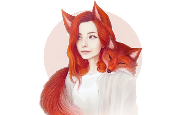 Красивая рыжеволосая девушка с лисой на шее 