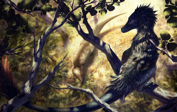 Фантастический дракон сидит на ветке 