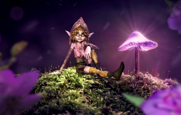Фантастический эльф сидит на покрытой мхом земле с неоновыми грибами