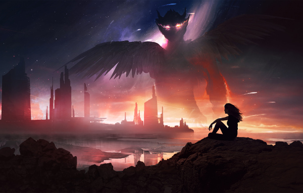 Девушка на камне на фоне фантастического дракона в небе 