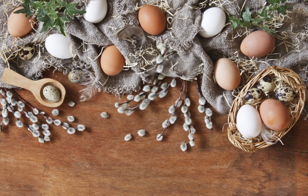 Куриные и перепелиные яйца на столе в ветками вербы