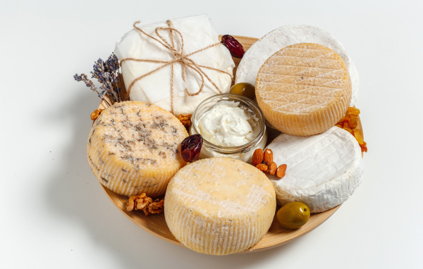 Different types of cheese on a plate with nuts on a gray background
