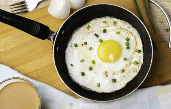 Яичница глазунья на сковороде с зеленым луком