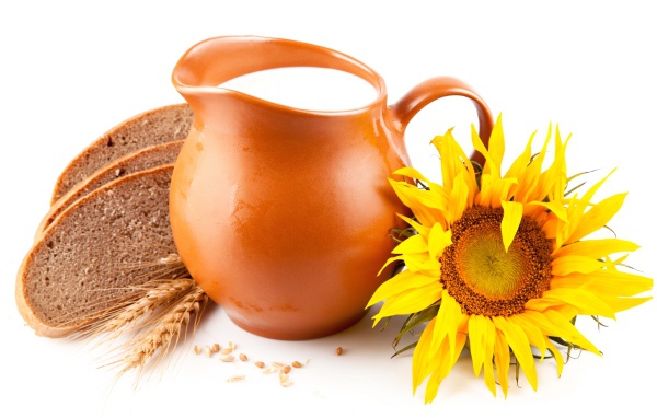 Кувшин с молоком на белом фоне с хлебом и подсолнухом