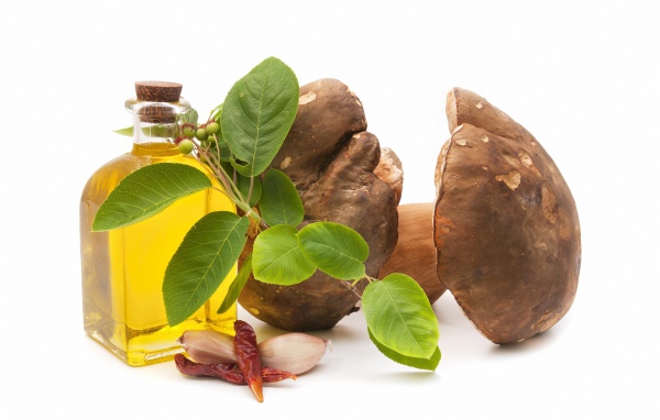 Грибы на белом фоне с оливковым маслом и чесноком