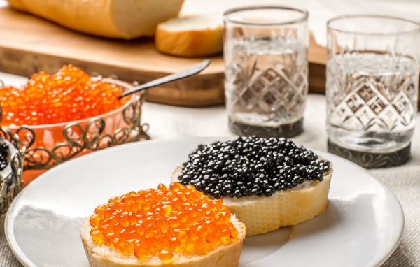 Бутерброды с красной и черной икрой на столе с водкой