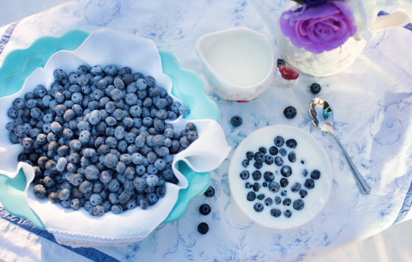 Blueberries on the table with milk