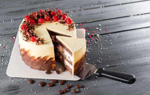 Аппетитный праздничный торт с шоколадом и ягодами вишни 