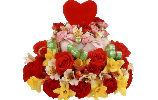 Торт с розами, нарциссами и цветами альстромерии на белом фоне с красным сердцем 