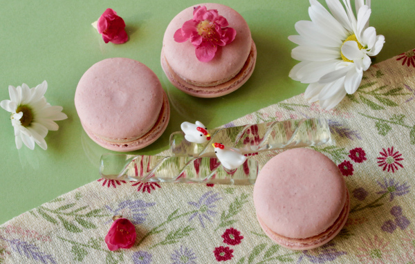 Розовый десерт макарон на столе с белыми цветами ромашек
