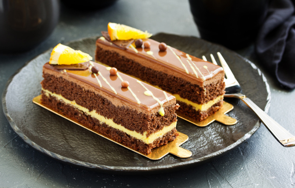 Два вкусных шоколадных пирожный на большой тарелке с вилкой