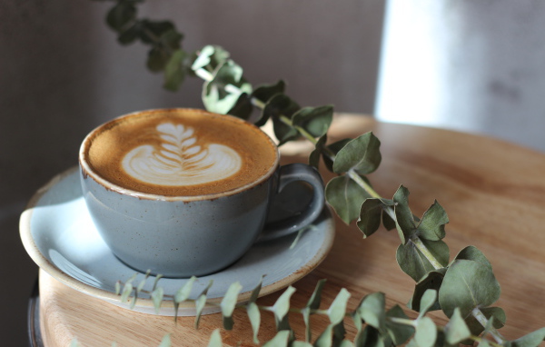 Большая чашка кофе с рисунком на пене на столе с веткой