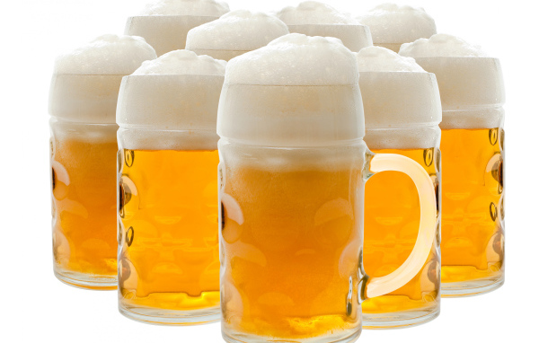 Много бокалов пенного пива на белом фоне