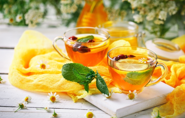 Две стеклянные чашки чая с лимоном, мятой и шиповником