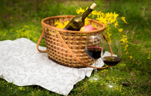 Два бокала вина с корзиной на зеленой траве для пикника 