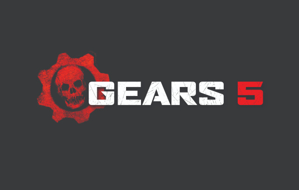 Логотип видеоигры Gears 5 на сером фоне
