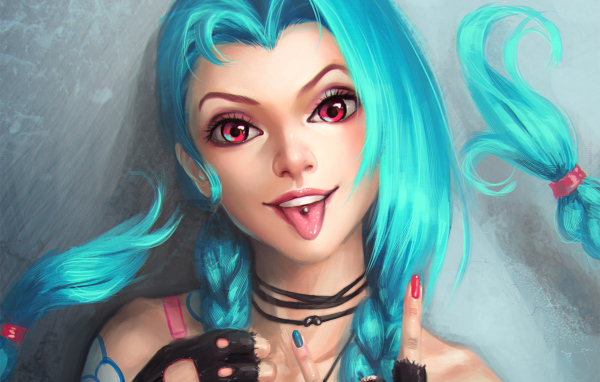 Девушка с голубыми волосами Джинкс персонаж игры Лига легенд
