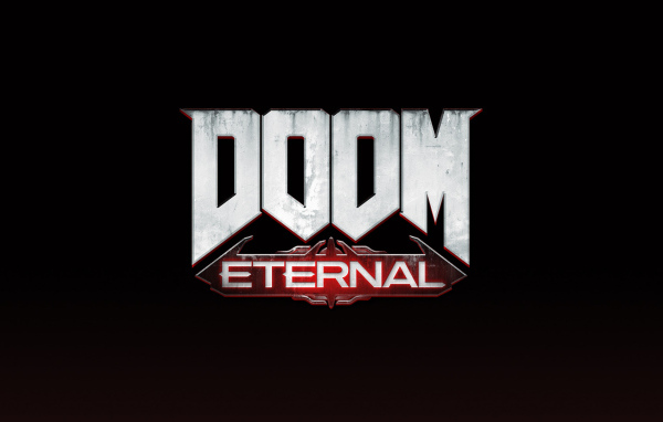 Логотип новой компьютерной игры DOOM Eternal на черном фоне