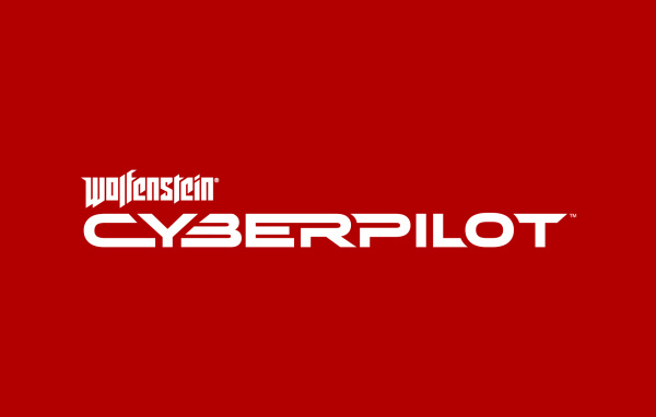 Логотип компьютерной игры Wolfenstein Cyberpilot, 2019 года на красном фоне