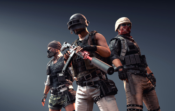 Персонажи компьютерной игры  PUBG на сером фоне