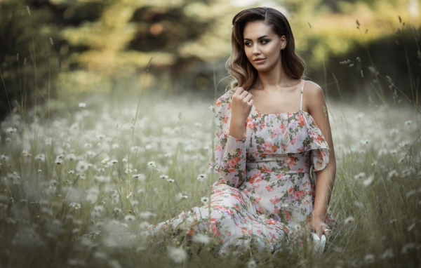 Красивая девушка в сарафане сидит на поляне с ромашками 