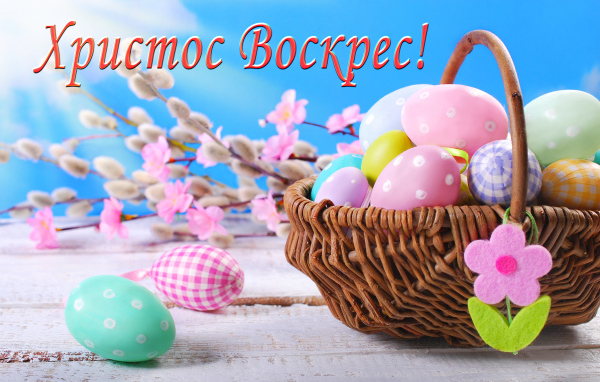 Корзина крашеных яиц на голубом фоне с надписью Христос Воскрес! 