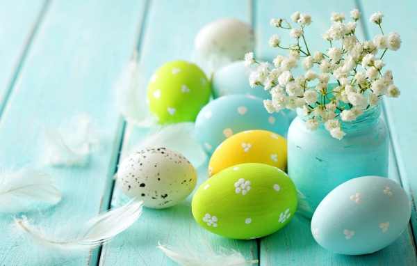 Крашеные яйца с цветами на голубом столе 