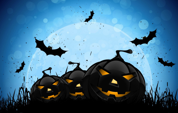 Черные тыквы на голубом фоне с луной