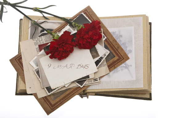 Военный альбом и две гвоздики на белом фоне на День Победы 9 мая 