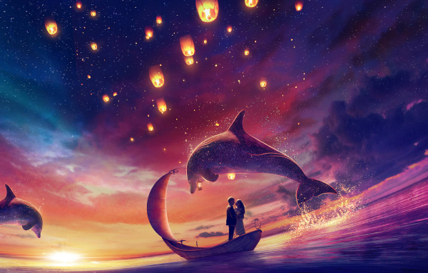 Влюбленная пара на лодке в воде с дельфинами