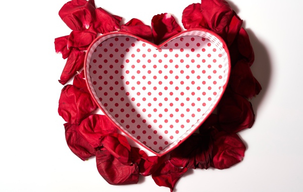 Подарочная коробка в форме сердца с лепестками красной розы на белом фоне