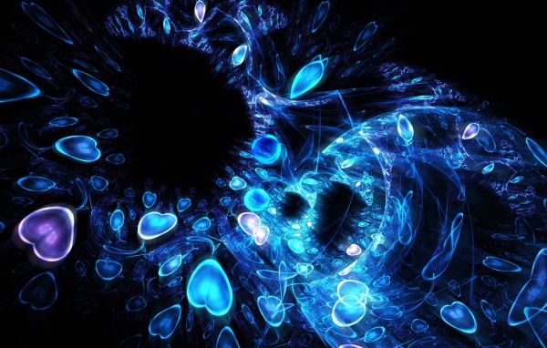 Узор из неоновых сердец на черном фоне, абстракция