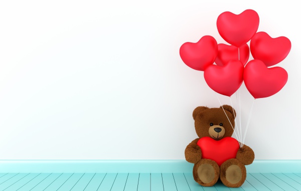 Плюшевый медведь с воздушными шарами в форме сердца