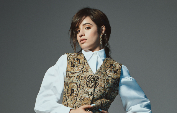 Красивая певица Камила Кабельо на сером фоне