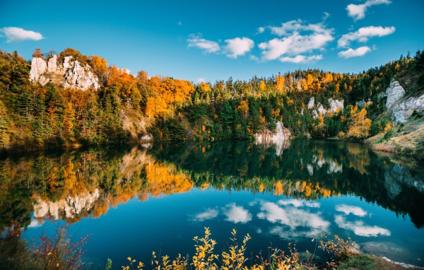 Голубое небо и лес отражаются в воде чистого горного озера