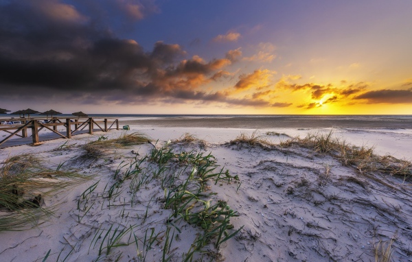 Белый песок в траве на берегу под красивым небом на закате