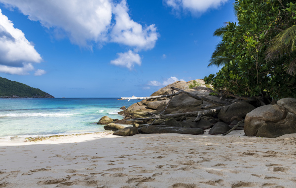 Камни на берегу океана на желтом песке под голубым небом