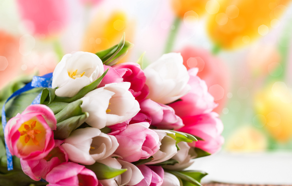Красивый букет розовых и белых тюльпанов на столе